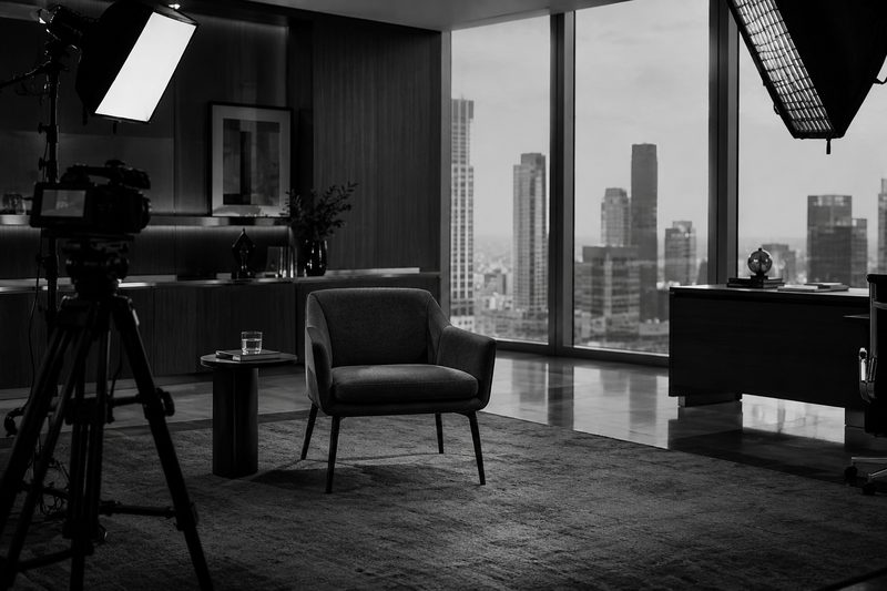 Set de entrevista montado num escritório alto: câmera no tripé, luzes e uma poltrona diante da janela com a cidade ao fundo